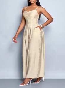 SOLERSUN 女式垂坠前垂领系带露背阔腿吊带连体裤，适合日常穿着和度假穿着 - 杏色 - 查看 3