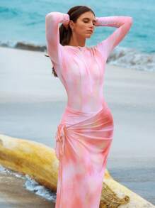 Swim Shayni Women's 3pcs Set Bathing Suit With Tie-Dye Printed Long Sleeve Zipper Rash Guard, Triangle Top And Skirt Tankini Swimsuit, Beach Outfit For Summer - Coral Orange - View 3