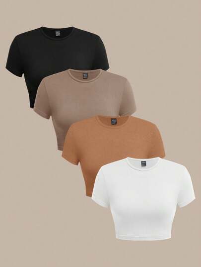 SHEIN BASICS 4件装休闲纯色针织圆领短袖修身短款女式T恤