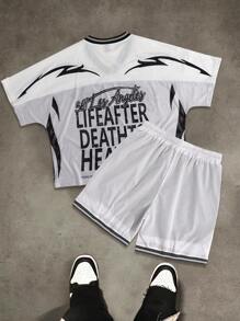 Manfinity EMRG Men's Mesh V-Neck Printed T-Shirt + Drawstring Short Sleeve Suit Set - Multicolor - View 2