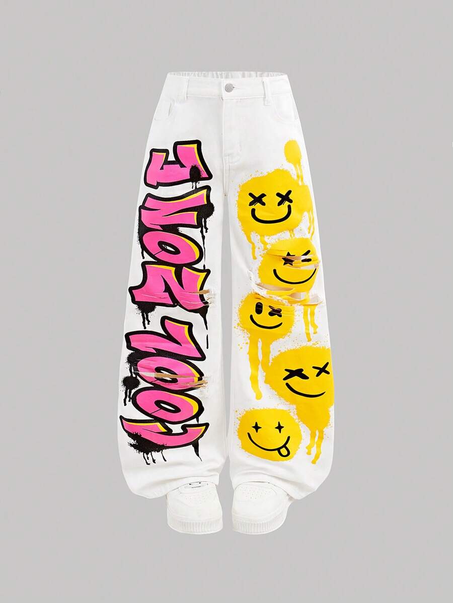 SHEIN 青少年男孩 Y2K 时尚涂鸦图案破洞磨损宽松牛仔裤，适合黑色校服 - 白色 - 查看 1