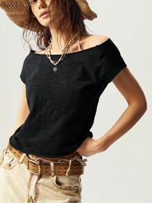 Bohemela Women Fitted Washed Solid Color Knit Boat Neck T-Shirt Off The Shoulder Top