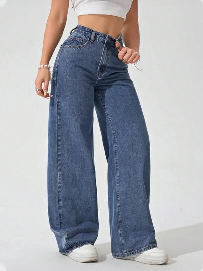 SHEIN ICON Plus Size Women's Simple Vintage Street Style Mid-Blue Washed Straight Leg Jeans