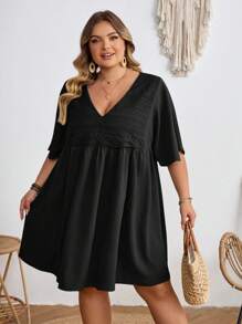 SHEIN CURVE+ Plus Size Vacation Casual Solid Color Lace Patchwork Dress,Summer Dresses For Women,Flowy Dress - Black - View 3