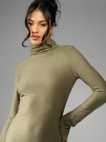 MISSGUIDED High Neck Turtleneck Long Sleeve Ribbed Bodycon Mini Dress Winter Fall Nightout Party Stretchy Form Fitting Basic Fashion Essentials - Army Green - View 6