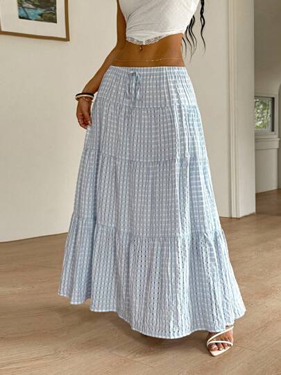 SHEIN EZwear Women's Long Blue And White Striped Skirt, Suitable For Summer Vacation
