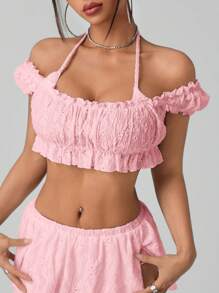 SHEIN ICON 女式夏季褶皱方领短袖短款上衣，白色 - 粉色 - 查看 1