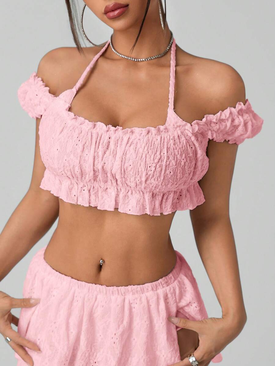 SHEIN ICON 女式夏季褶皱方领短袖短款上衣，白色 - 粉色 - 查看 1