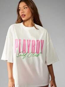 Missguided x Playboy Retro Style Club Graphic Streetwear Cotton Oversized T-Shirt Summer Athleisure Daily Casual Top Weekend Relaxed Staple - White - View 4