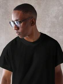 SUMWON 基本款短款盖袖棉质平纹针织 T 恤宽松剪裁夏季休闲运动舒适家居服街头服饰现代都市基本款高级 - 黑色 - 查看 3