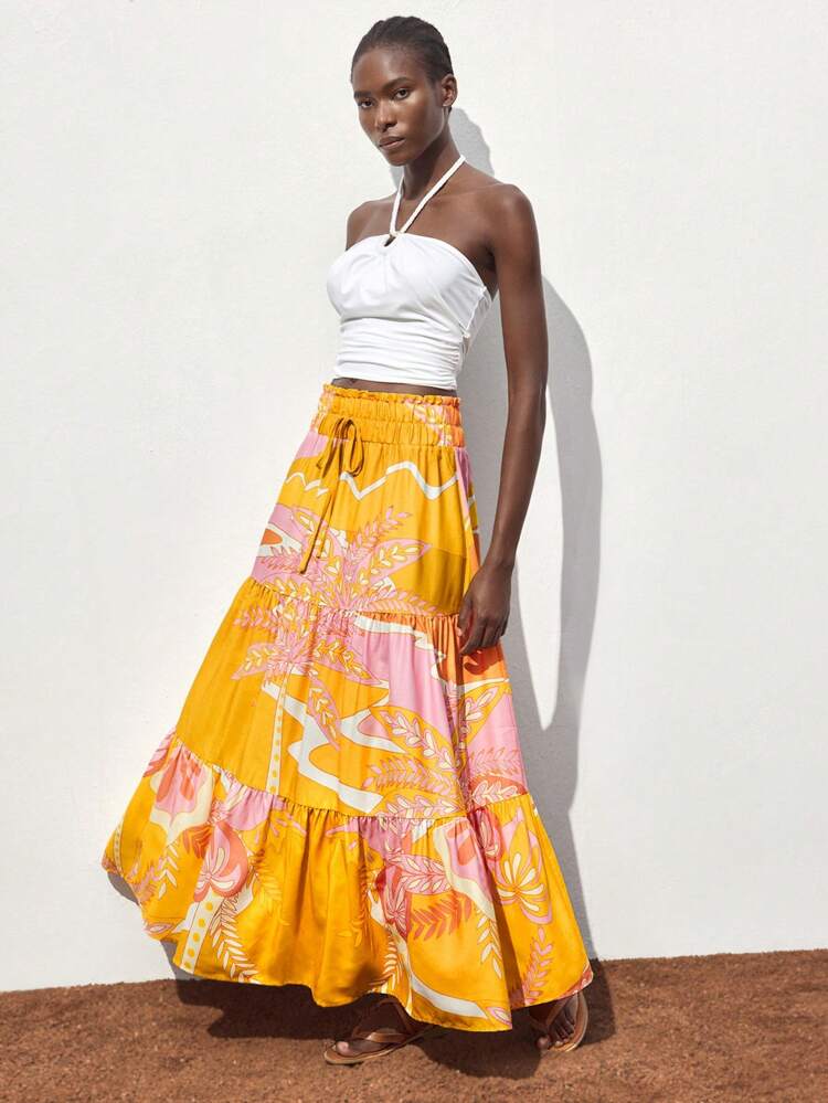 SHEIN Maija Damen lange Maxirock mit Blume Muster und Papiertütenform, Frühling, Sommer Boho Maxi Rock für Urlaub und Strand, Bohemian Stil für Damen