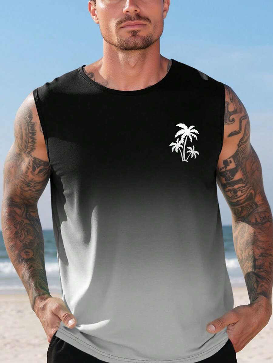 Manfinity RSRT Plus Size Men Palm Tree Print Gradual Gradient Casual Round Neck Tank Top, Summer, Holiday - Multicolor - View 1