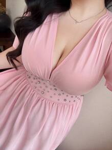 Flirla Đầm Maxi Cổ Chữ V Tay Phồng Đính Kim Cương Giả Trang Trí Kỳ Nghỉ Thường Ngày Cho Nữ - Hồng - Xem 7