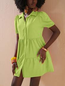 Zivah Vacation Puff Sleeve Open Front Tiered Loose Summer Dress - Olive Green - View 5