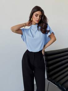 Firerie Women's Elegant Minimalist Daily/Vacation Versatile Pink Ruffled Stand Collar Loose Blouse, Suitable For Casual Wear - Blue - View 4