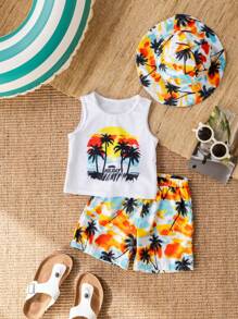 Baby Boy Palm Tree Print Round Neck Tank Top And Shorts Casual Swimwear Set - Multicolor - View 8