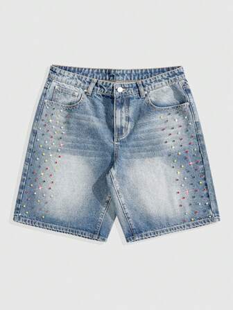 Street Life Men's Colorful Rhinestone Decor Loose Fit Denim Shorts Jorts