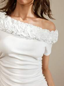 Ontre 女士白色夏季露肩T恤，毕业旅行简约单肩领荷叶边日常简约露肩T恤，音乐节 - 白色 - 查看 1