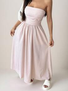 MainGRL Women Summer Striped Print Bandeau Sleeveless Dress Gown - Baby Pink - View 3