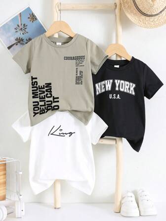 3 pièces/set Tenues de t-shirts tricotés à col rond avec imprimé graphique de lettre, décontracté pour garçons pré-adolescents, 3 designs différents, convient pour l'école et les sorties, printemps/été