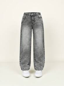SHEIN Tween Girl Light Washed Casual Straight Leg Denim Jeans, Simple And Versatile - Dark Grey - View 8