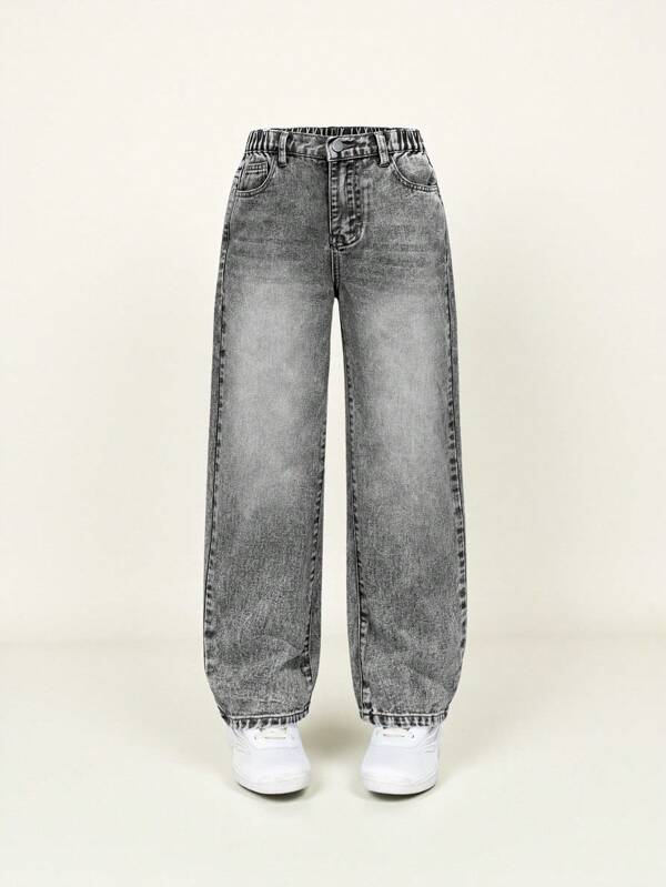 SHEIN Wildeya Jeans jeans casual de perna reta com lavagem clara para meninas pré-adolescentes, simples e versátil