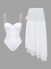 Swim Oasis 2Pcs Women White Spaghetti Strap Push Up One-Piece Swimsuit Set With Mesh Ruffle Beach Skirt,Cute Summer Party Vacation Holiday High Cut Swimwear - White - View 1