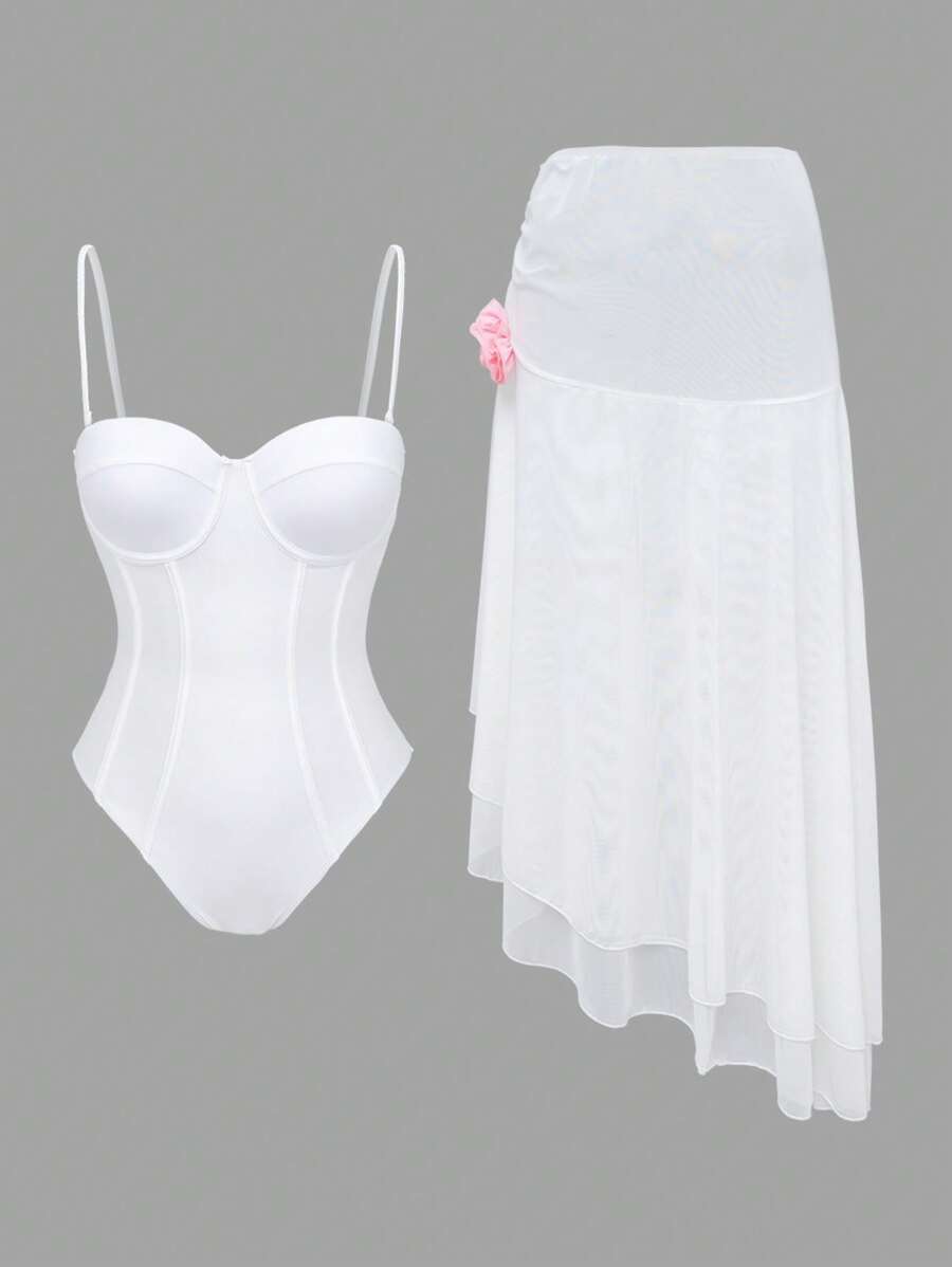 Swim Oasis 2Pcs Women White Spaghetti Strap Push Up One-Piece Swimsuit Set With Mesh Ruffle Beach Skirt,Cute Summer Party Vacation Holiday High Cut Swimwear - White - View 1