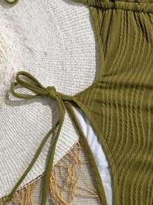 Soleia 橄榄绿色提花纹理V领露背吊带沙滩连体泳衣女士泳衣