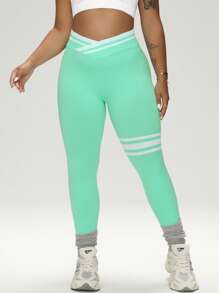 Easithlete Mallas de talla grande para mujer con rayas de color contrastante - verde menta - Ver 2
