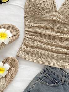 Soleia Women's Vacation Knit White Textured V-Neck, Twisted Shoulder Strap, Ruched Waist Fitted Fashionable Slimming Camisole, For Party, Date, Valentine's Day - Apricot - View 5