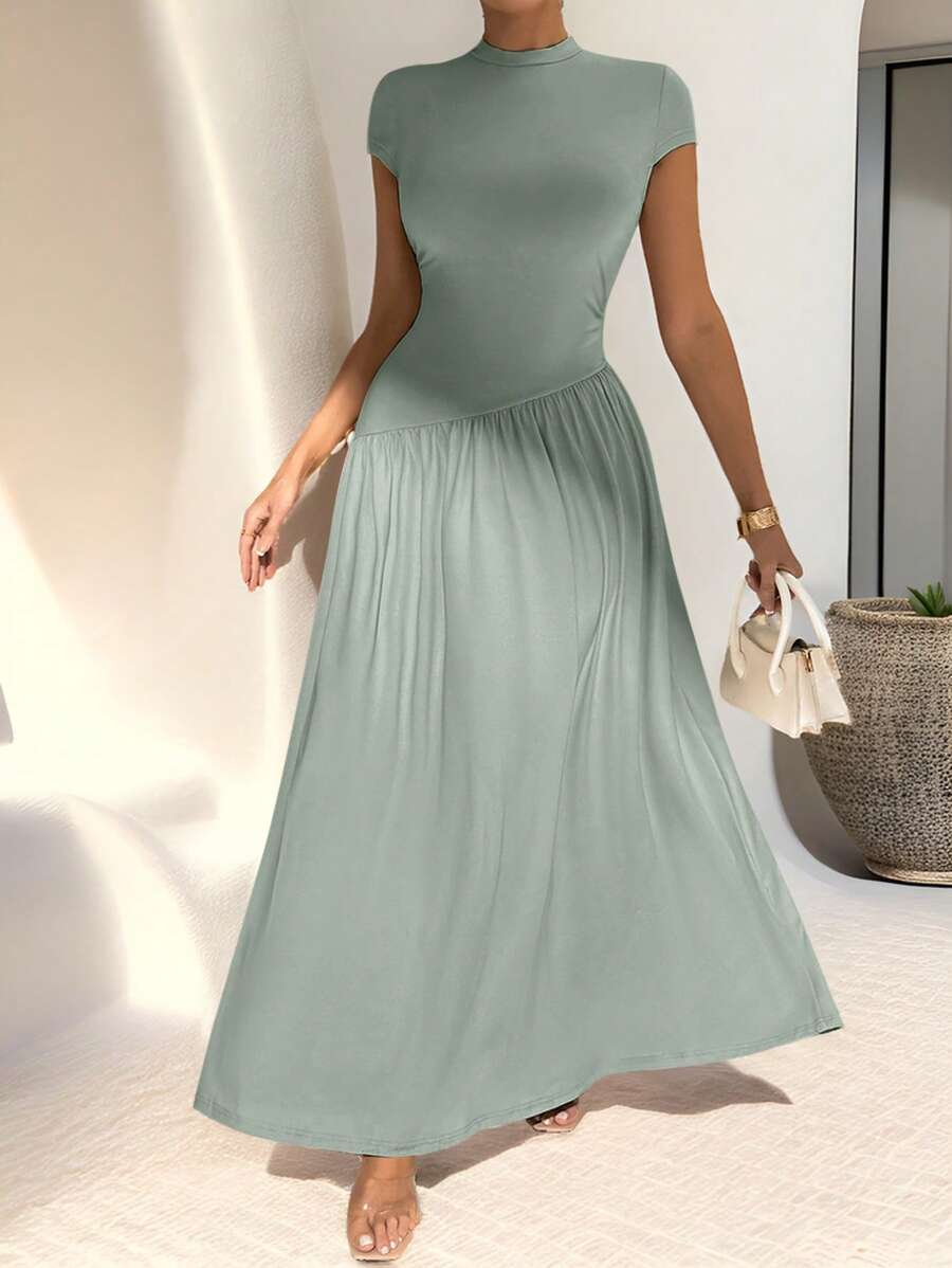 Firerie 优雅日常穿着简约纯色短袖合身立领不对称A字腰长裙 - 薄荷綠 - 查看 1