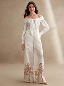 Anewsta 1件露肩长袖上衣和植物印花长裤套装 - 米色 - 查看 6