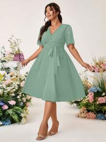 SHEIN Belle Váy xếp ly thanh lịch dành cho nữ có ren mi, thiết kế chắp vá, thắt nơ ở eo, dáng chữ A - màu xanh lá - Xem 5