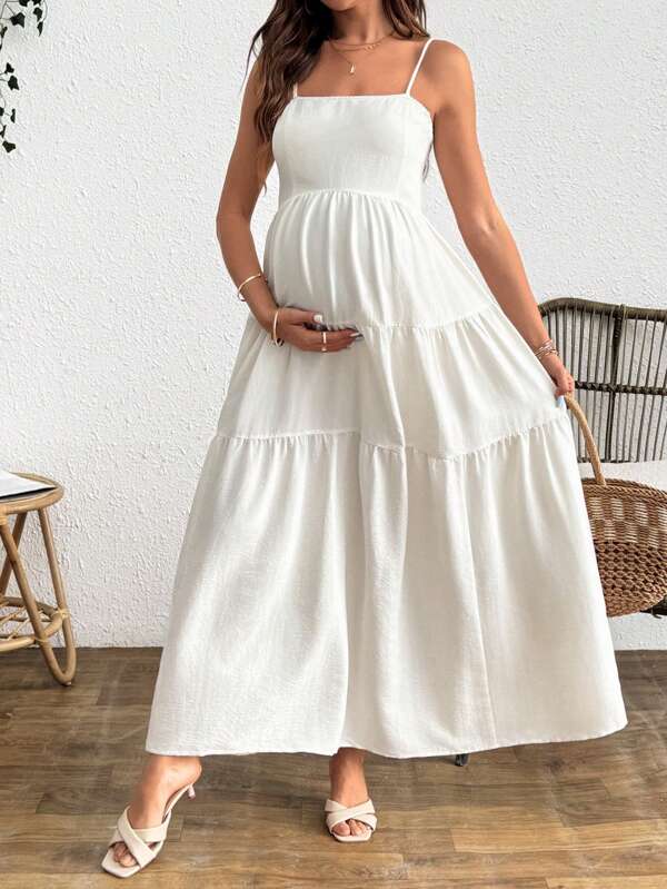 SHEIN Pregnant Women Solid Color Ruffle Hem Casual Cami Dress Maternity Dress