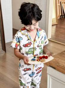 2pcs Young Boy Cute Dinosaur Print Short Sleeve Cardigan And Pants Loungewear Set, Casual And Comfortable - Apricot - View 1