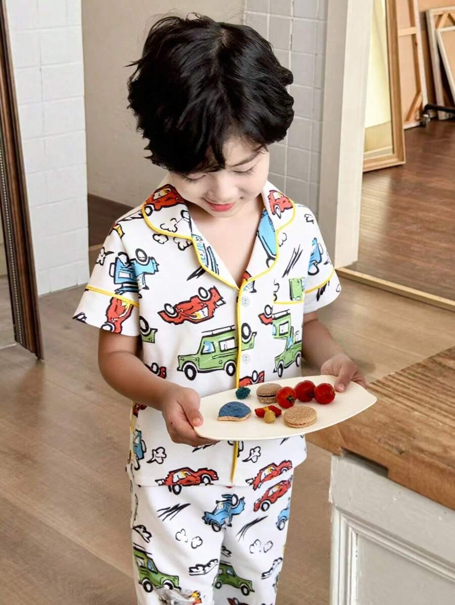 2pcs Young Boy Cute Dinosaur Print Short Sleeve Cardigan And Pants Loungewear Set, Casual And Comfortable - Apricot - View 1