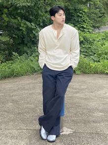 DAZY 男士杏色半拉链长袖T恤，秋季