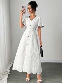 Chiquease Women's V-Neck Embroidered Crochet Colorblock Hem Slit Dress - Black and White - View 3