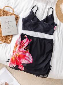 SHEIN Bộ đồ bơi in hoa cho bé gái tuổi teen - màu đen - Xem 4