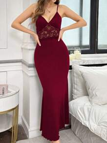 Women's Mermaid Lace See-Through Bodycon Long Nightgown - Burgundy - View 6