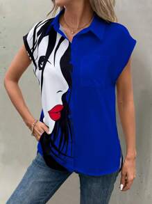 EMERY ROSE Cartoon Character Print Button-Up Shirt With Collar - Royal Blue - View 5