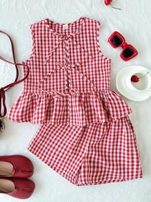 SHEIN Leap Crew Tween Girls Casual Plaid Ruffle Bowknot Cami And Shorts 2 Pieces Set - Red - View 1