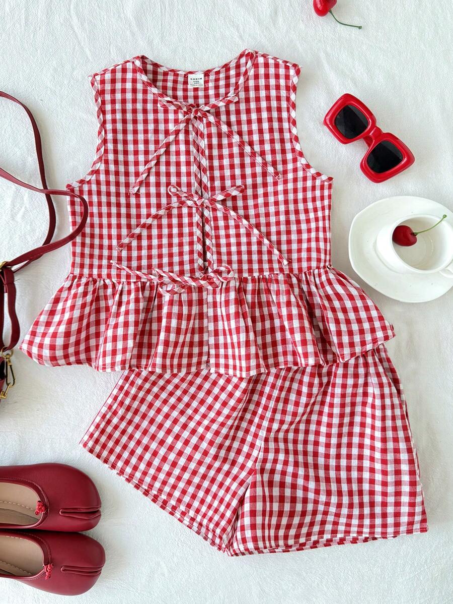 SHEIN Leap Crew Tween Girls Casual Plaid Ruffle Bowknot Cami And Shorts 2 Pieces Set - Red - View 1