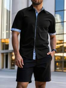 Manfinity Homme Plus Size Men's Contrast Trim Short Sleeve Black Casual Shirt - Black - View 3