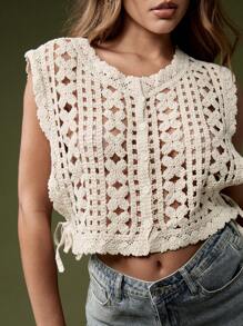 MISSGUIDED Áo Crop Top Đi Biển Không Tay Đan Móc Phong Cách Boho Áo Vest Đi Biển Mùa Hè Mặc Đi Nghỉ Mát Thường Ngày - Màu be - Xem 5