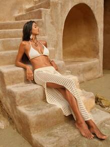 Swim Chiccia 女士休闲 3D 钩针花卉装饰镂空透视网眼背心和高开衩沙滩裙套装，优雅适合春夏度假、海滩游泳度假 - 米色 - 查看 4