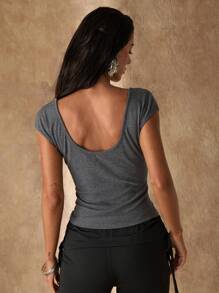 Glamine Camiseta de punto gris de manga corta ajustada con escote calado y cuentas, de estilo casual y sexy para vacaciones, para primavera/verano - Gris - Ver 5