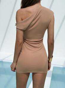 Aloruh 女士优雅纯色不对称领口迷你连衣裙，夏季 - 卡其色 - 查看 2