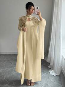 Selianne 2 Potong Set Gaun Maxi Elegan dan Anggun, Cocok untuk Pakaian Musim Panas dan Gugur untuk Wanita - Aprikot - View 4